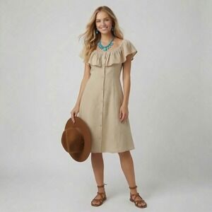 Button Front Dress Medium Tan Ruffle Shoulder Linen Blend BoHo Coastal Cottage